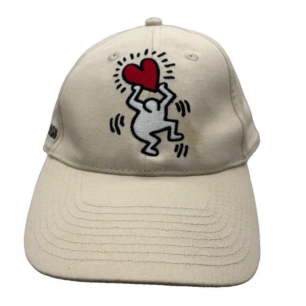 Keith Haring HM Hat Beige Cotton Dancing Figure Red Heart Dad Cap
